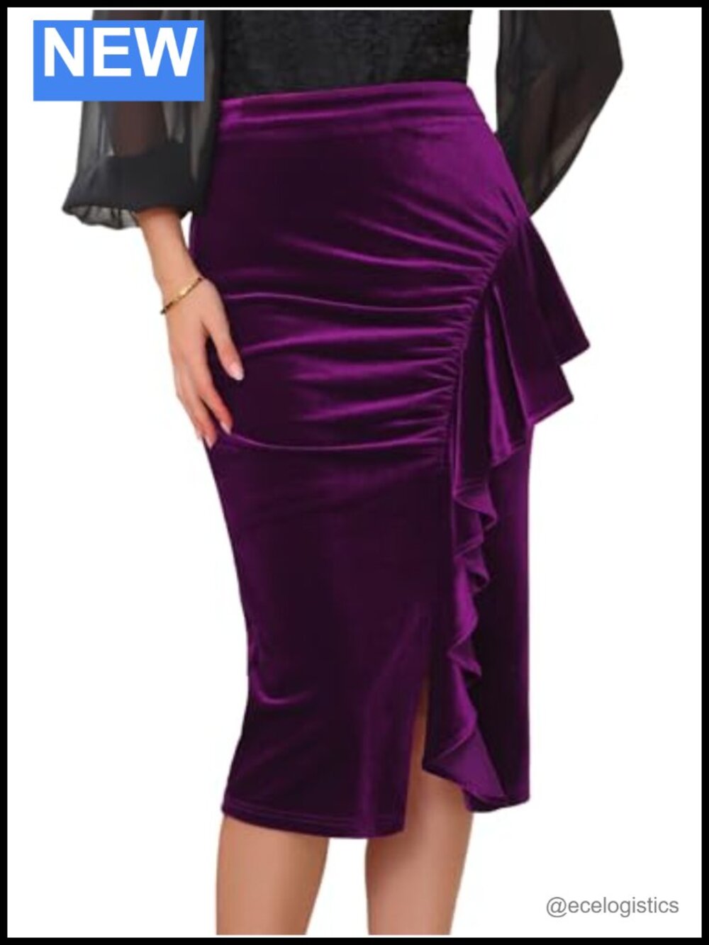 Velvet Midi Bodycon Skirt Ruched High Waist Ruffled Formal Cocktail